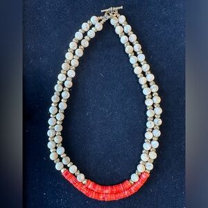 18 inch double strand coral & mother of pearl necklace